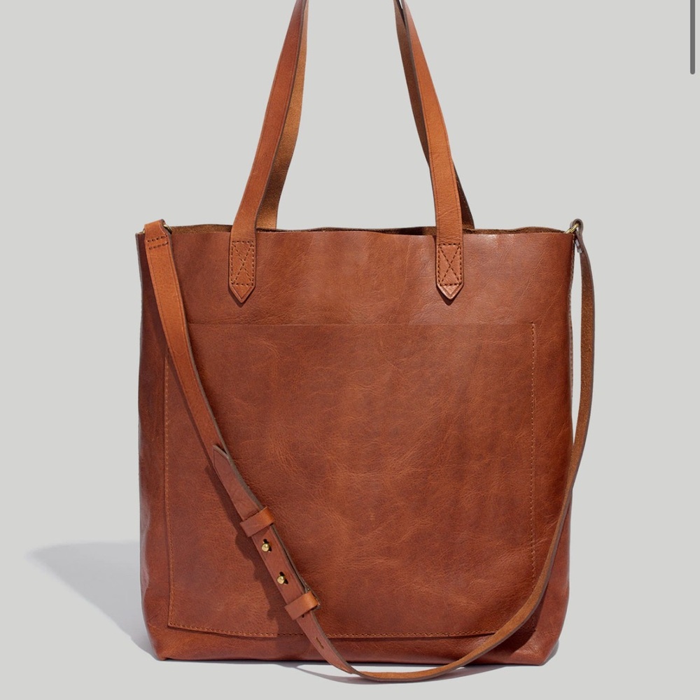 Classic Brown Leather Tote Bag with Crossbody Strap